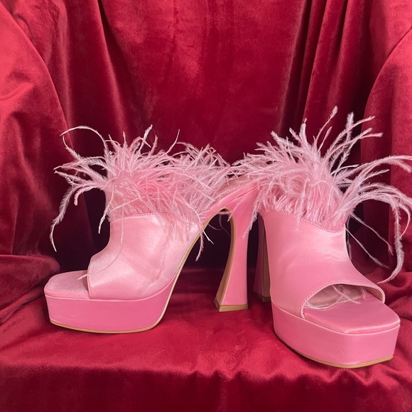 Fashion Nova Pink Feathered Platform Heels - Picture 3 of 9